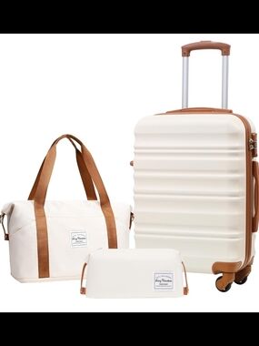 3-Piece Cream Hardshell Luggage Set with Tan Accents
